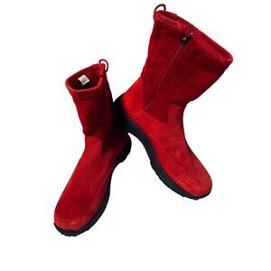 L.L. Bean Womens Red Faux Suede Midcalf Winter Boots Drawstring Top Size 7M
